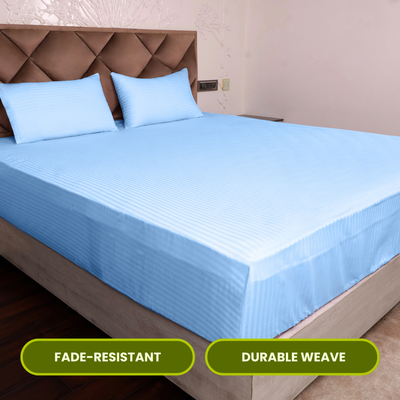 Sky Blue Satin Stripe Fitted Bedsheet with Pillow Cover