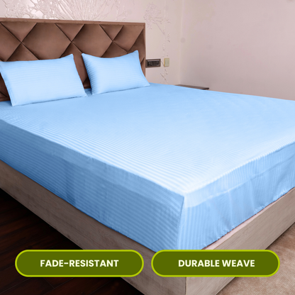Sky Blue Satin Stripe Fitted Bedsheet with Pillow Cover