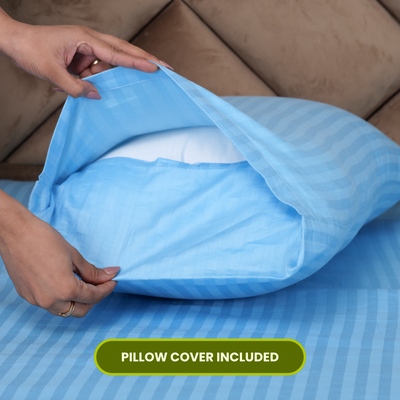 Sky Blue Satin Stripe Fitted Bedsheet with Pillow Cover