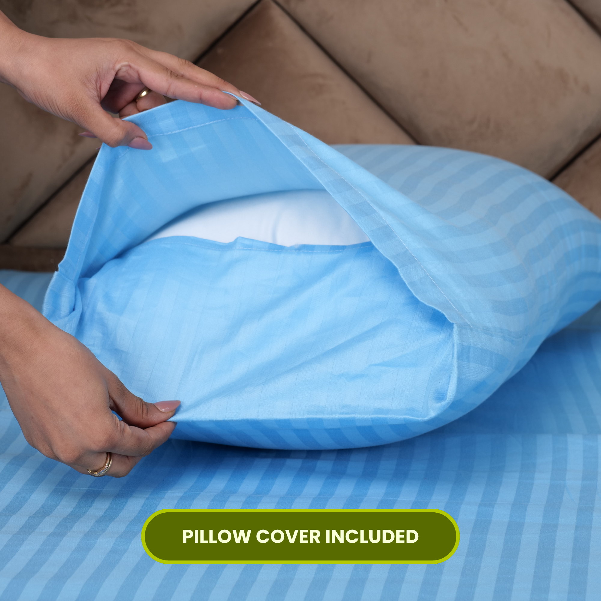 Sky Blue Satin Stripe Flat Bedsheet with Pillow Cover