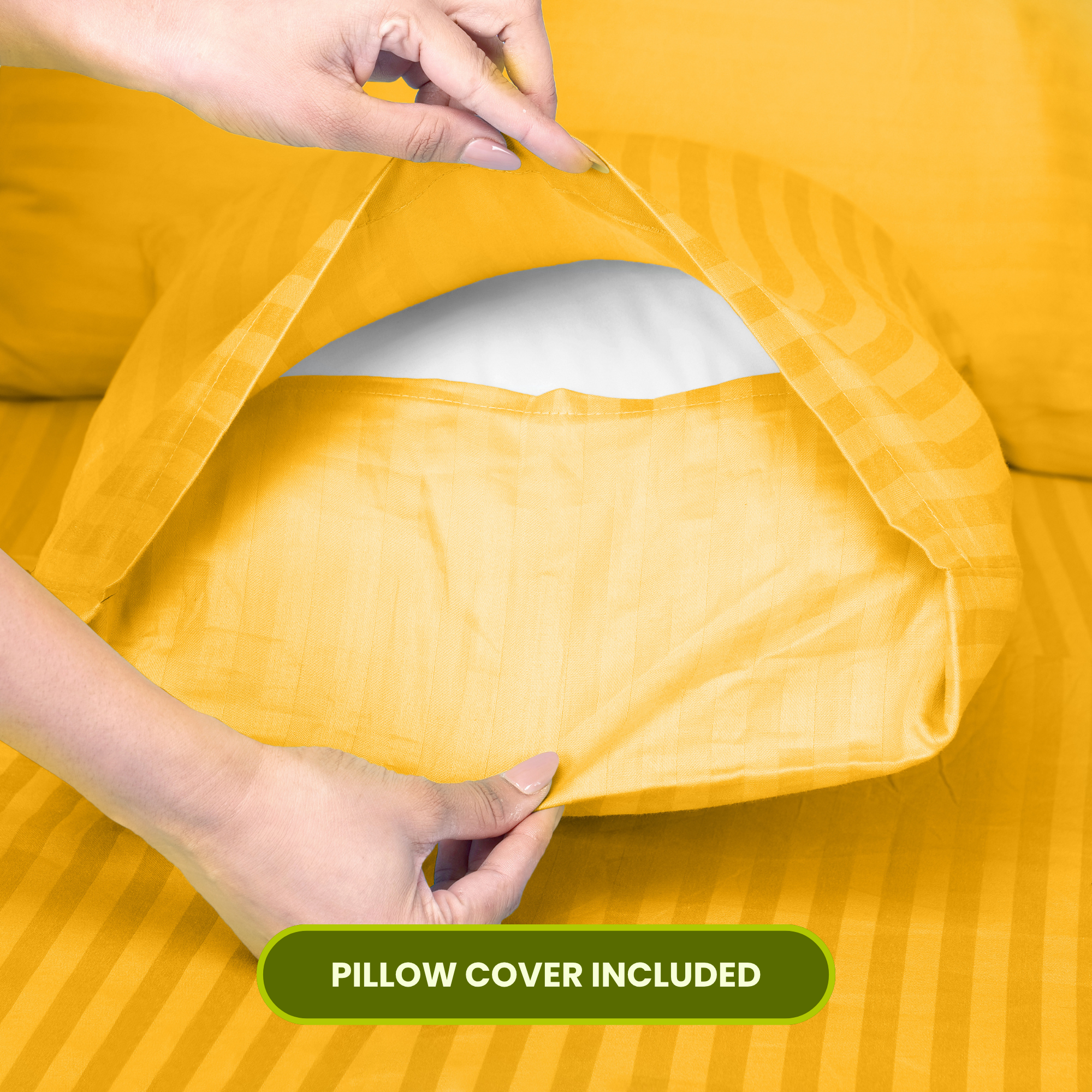 Golden Satin Stripe Fitted Bedsheet with Pillow Cover