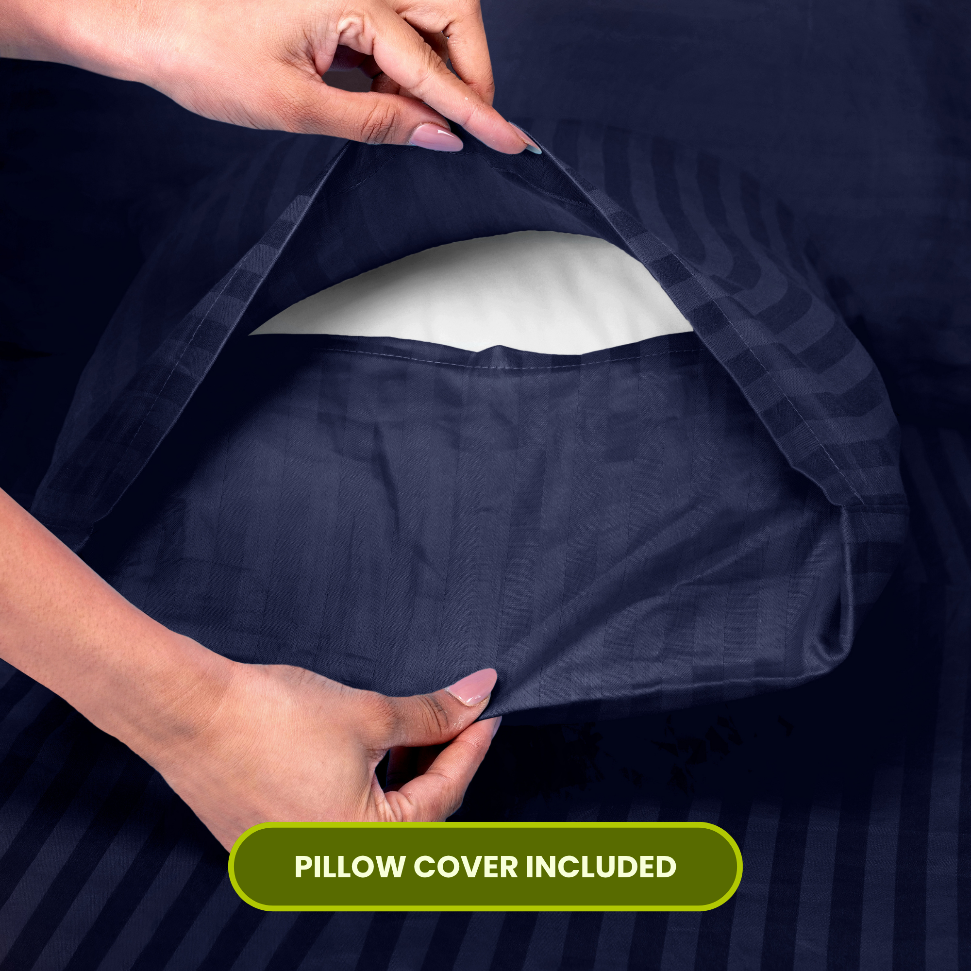 Dark Blue Satin Stripe Fitted Bedsheet with Pillow Cover