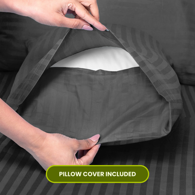 Grey Satin Stripe Fitted Bedsheet with Pillow Cover