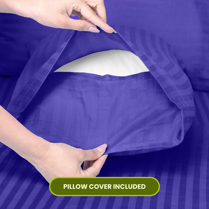 Navy Blue Satin Stripe Fitted Bedsheet with Pillow Cover