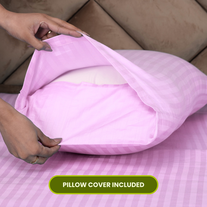 Pink Satin Stripe Fitted Bedsheet with Pillow Cover