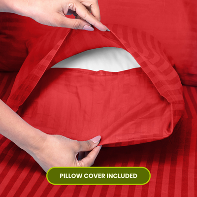 Red Satin Stripe Flat Bedsheet with Pillow Cover