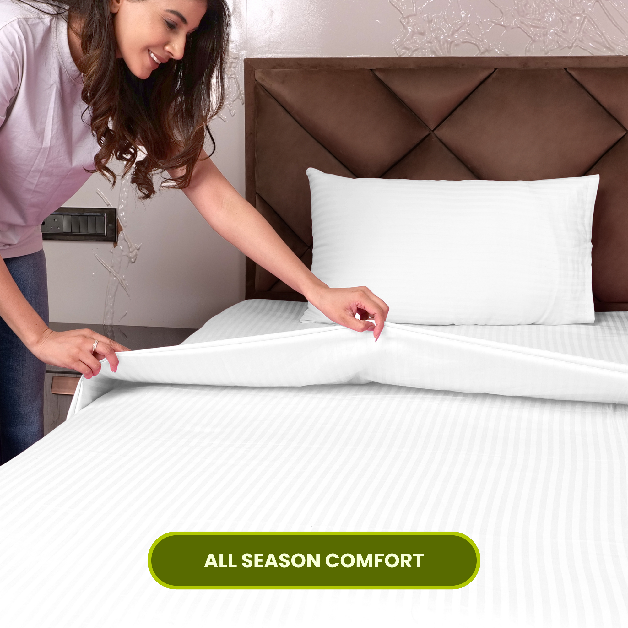 White Satin Stripe Fitted Bedsheet with Pillow Cover