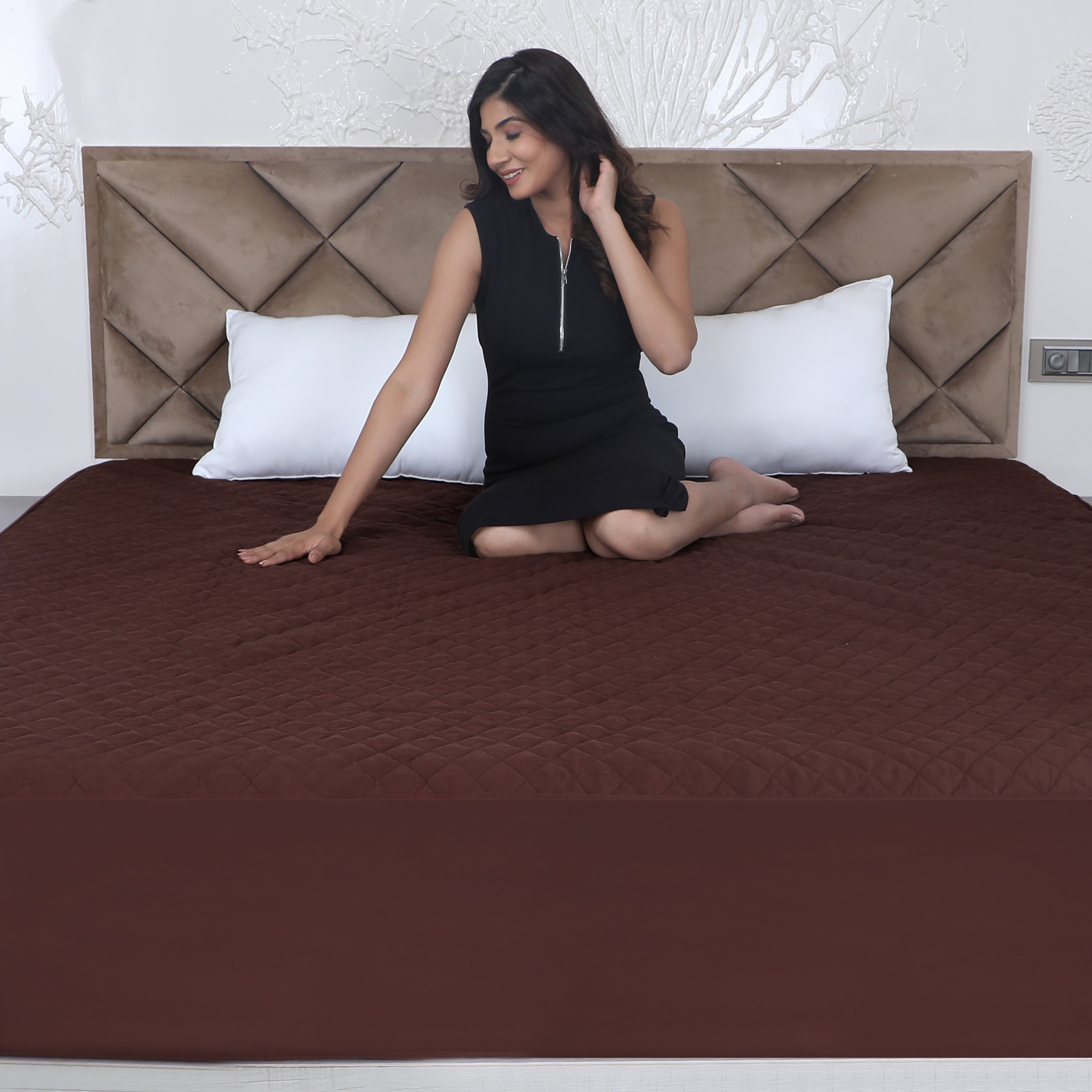 Brown Quilted Fitted Mattress Protector