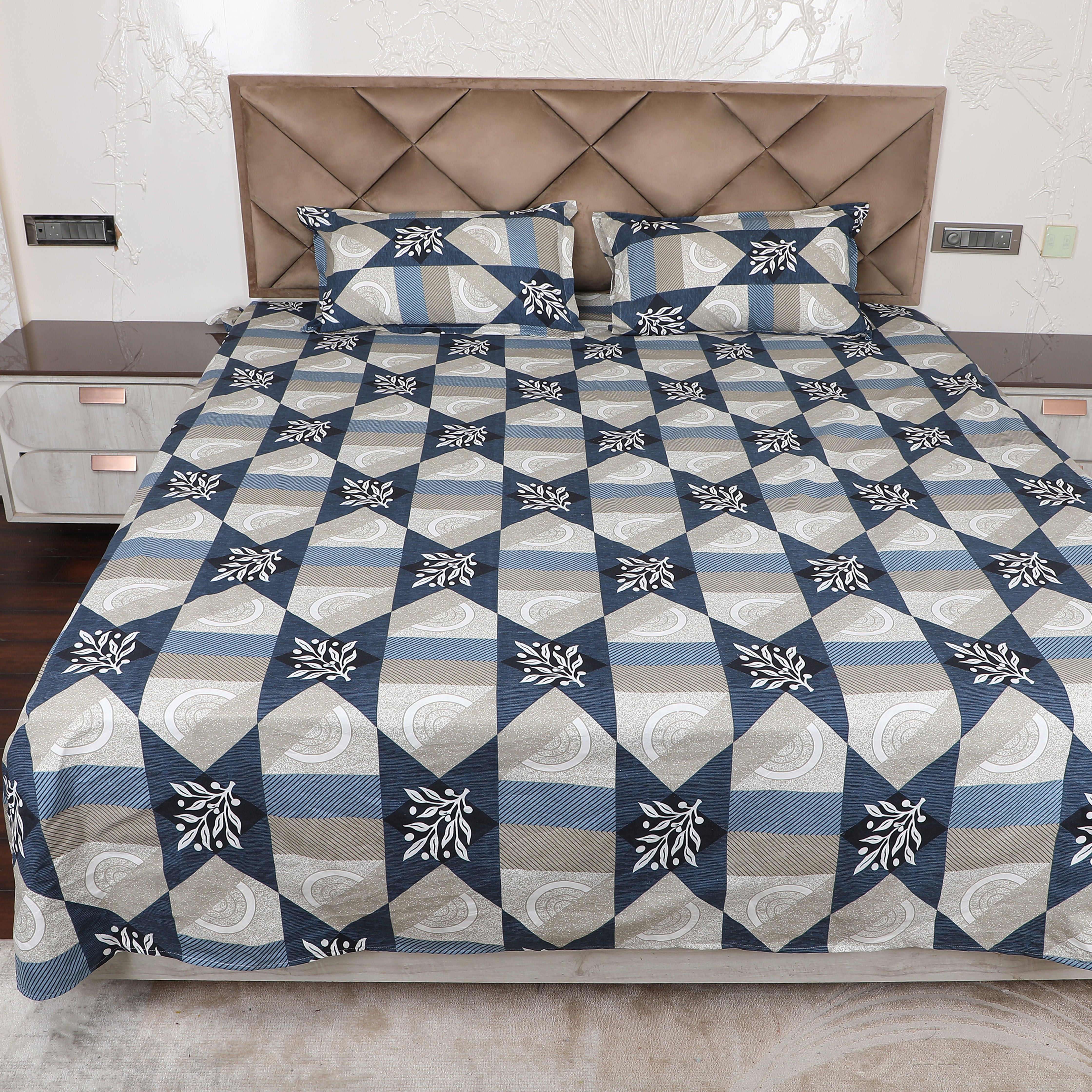 Blue & Grey Polyester Printed Bedsheet with Pillow Cover