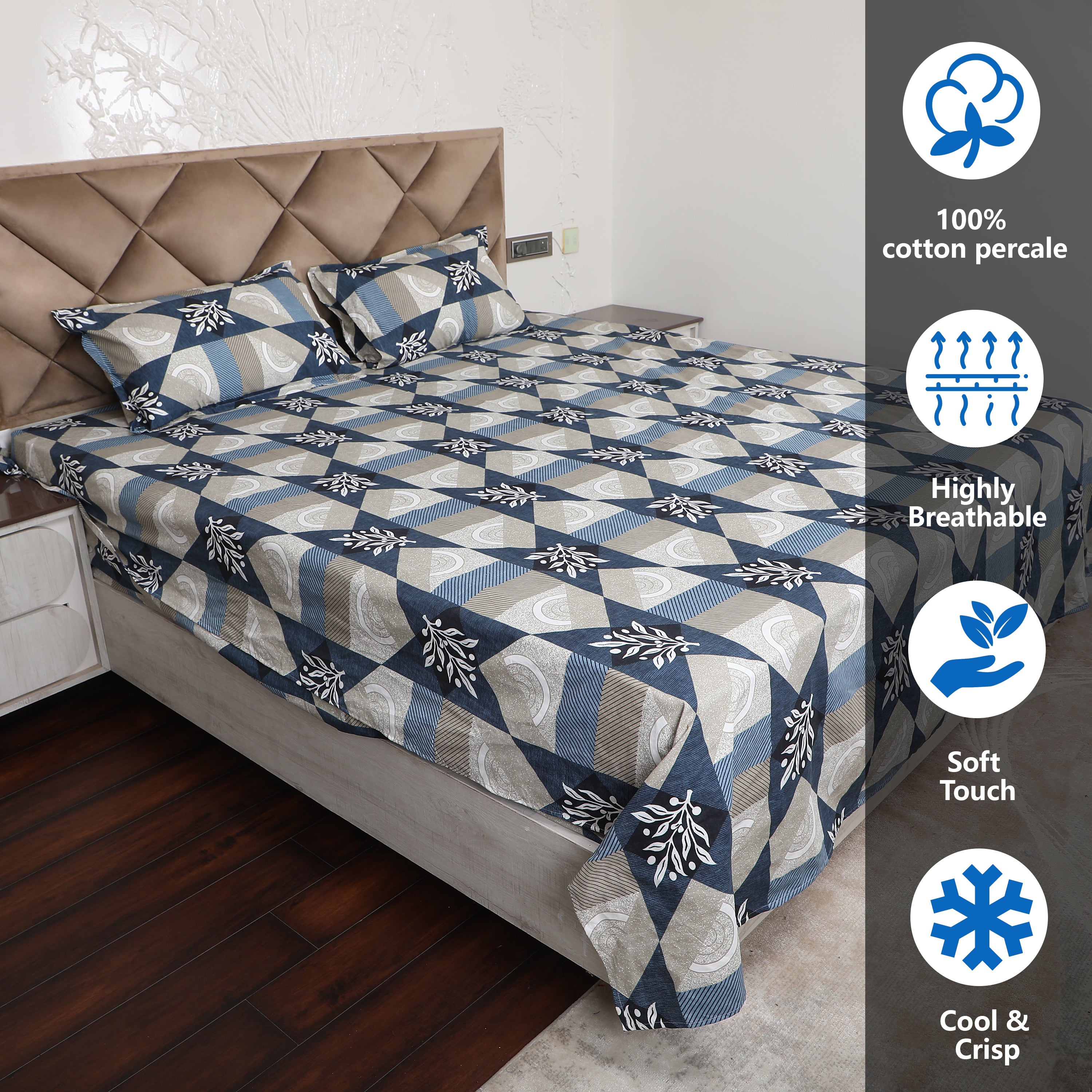 Blue & Grey Polyester Printed Bedsheet with Pillow Cover