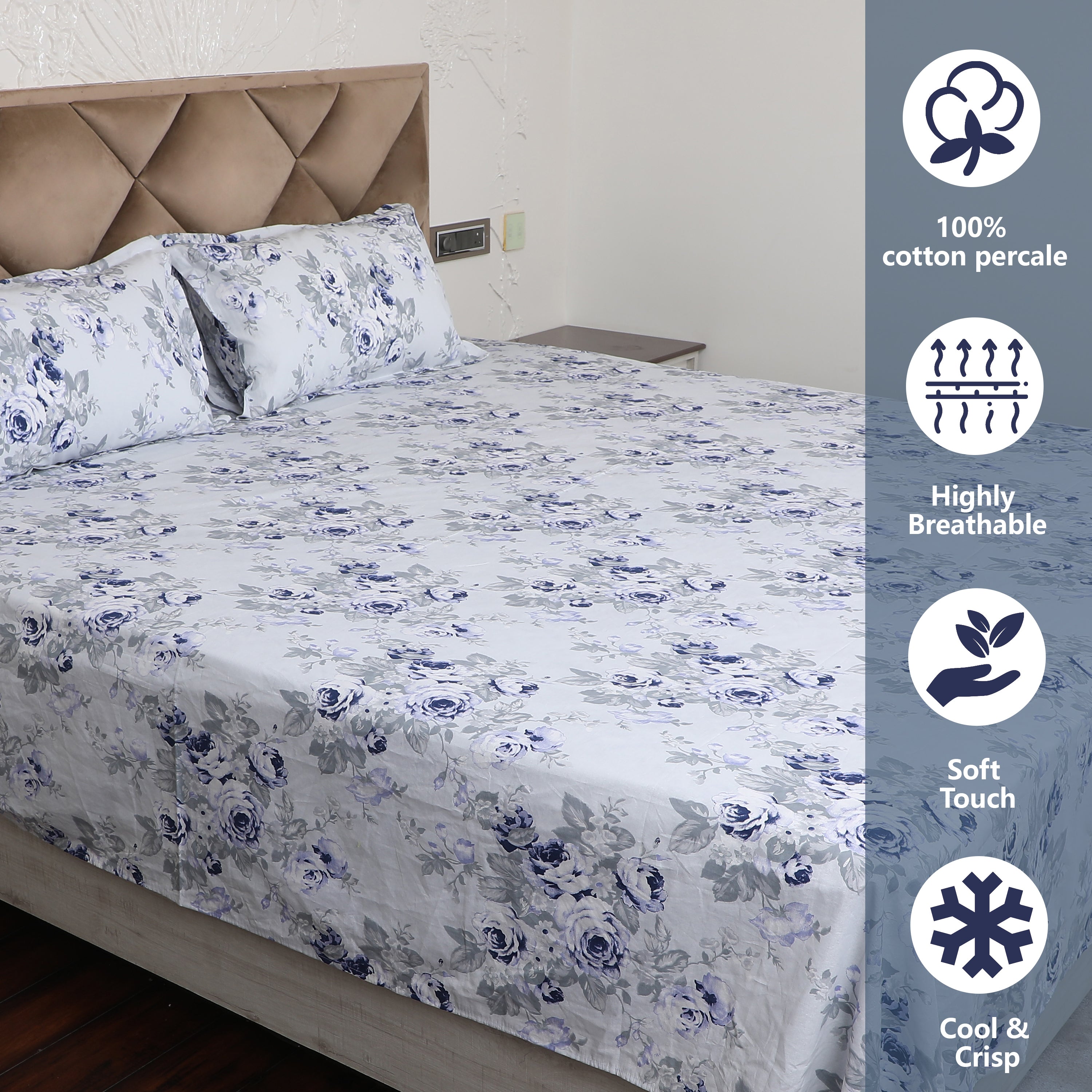 Blue & Grey Pure Cotton Bed Sheet with Pillow Cover