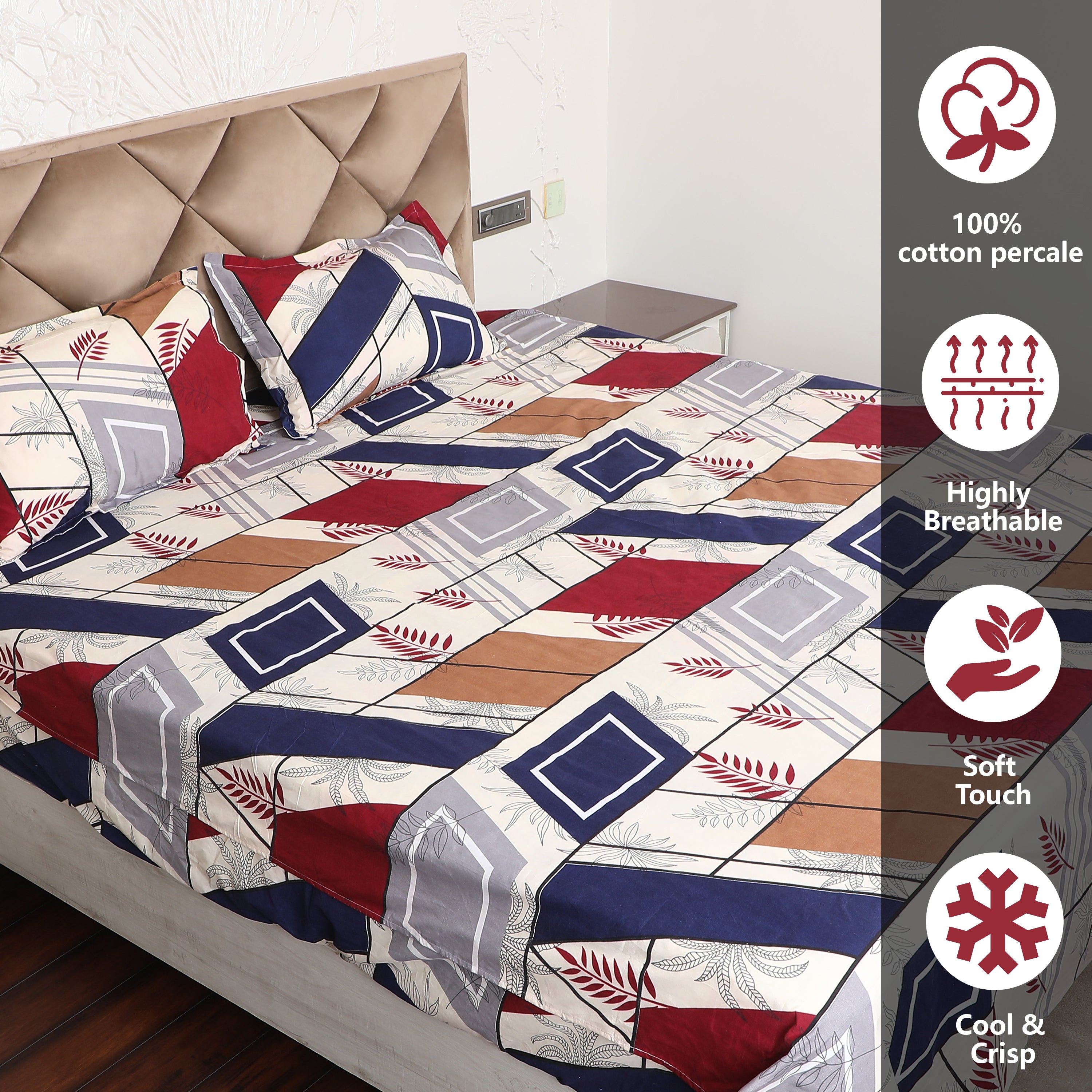 Blue & Maroon Polyester Printed Bedsheet for with Pillow Cover