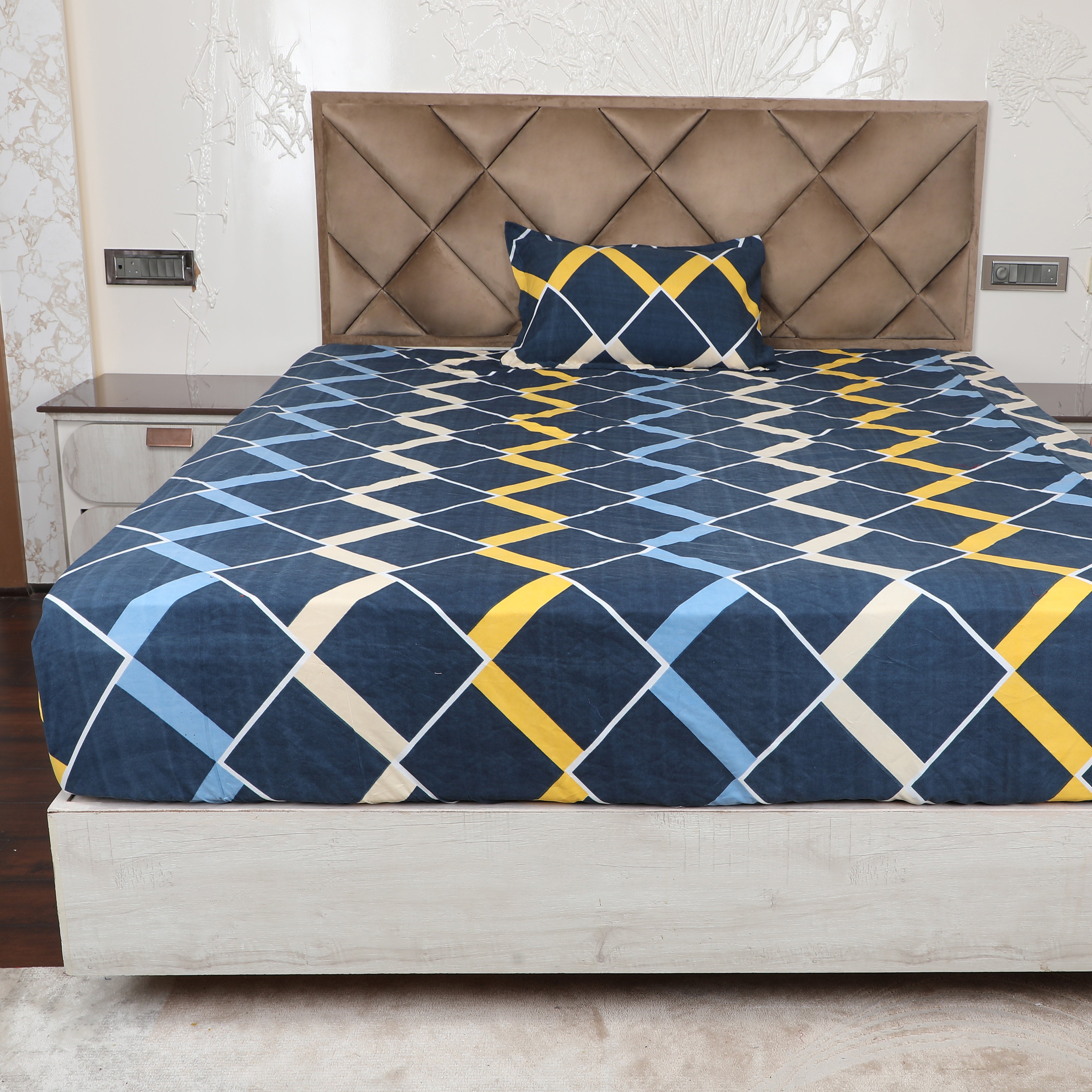 Blue & Yellow Polyester Printed Bedsheet with Pillow Cover