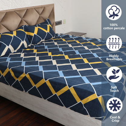 Blue & Yellow Polyester Printed Bedsheet with Pillow Cover