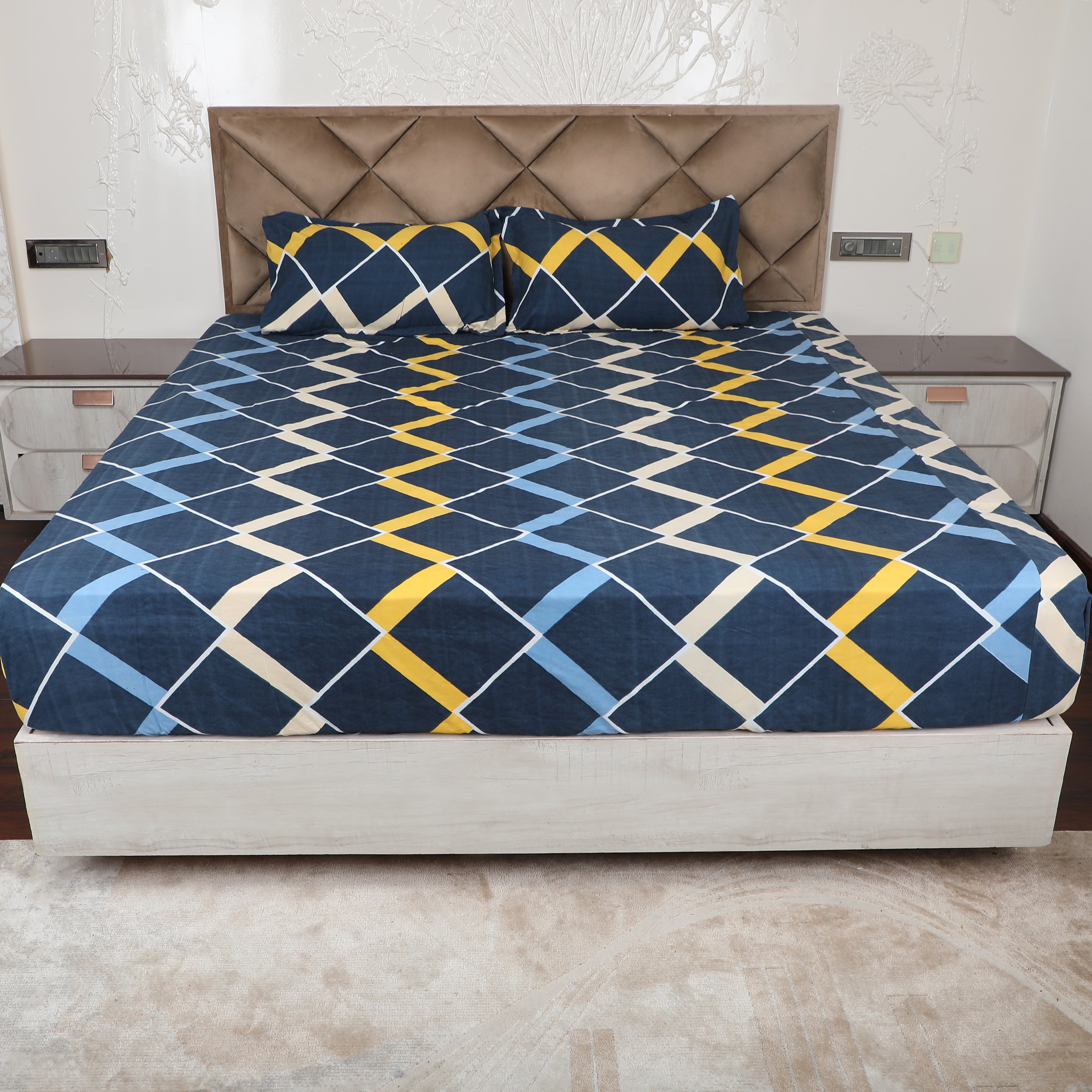 Blue & Yellow Polyester Printed Bedsheet with Pillow Cover