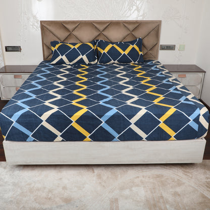 Blue & Yellow Polyester Printed Bedsheet with Pillow Cover