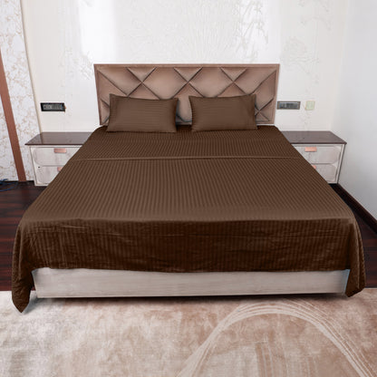 Brown Satin Stripe Glace Cotton Flat Bedsheet with Pillow Cover