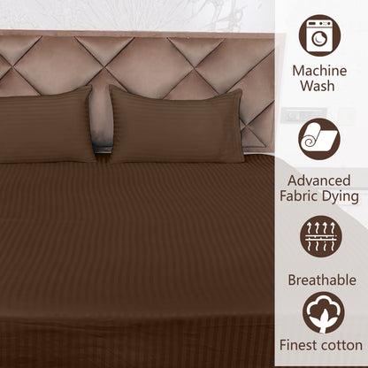 Brown Satin Stripe Glace Cotton Flat Bedsheet with Pillow Cover