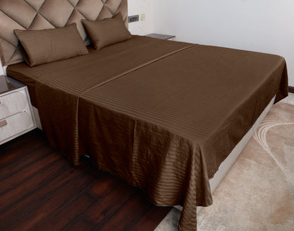 Brown Satin Stripe Glace Cotton Flat Bedsheet with Pillow Cover