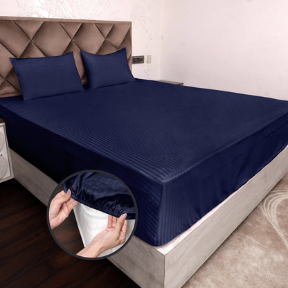 Dark Blue Satin Stripe Fitted Bedsheet with Pillow Cover