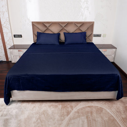 Dark Blue Satin Stripe Glace Cotton Flat Bedsheet with Pillow Cover