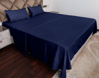 Dark Blue Satin Stripe Glace Cotton Flat Bedsheet with Pillow Cover