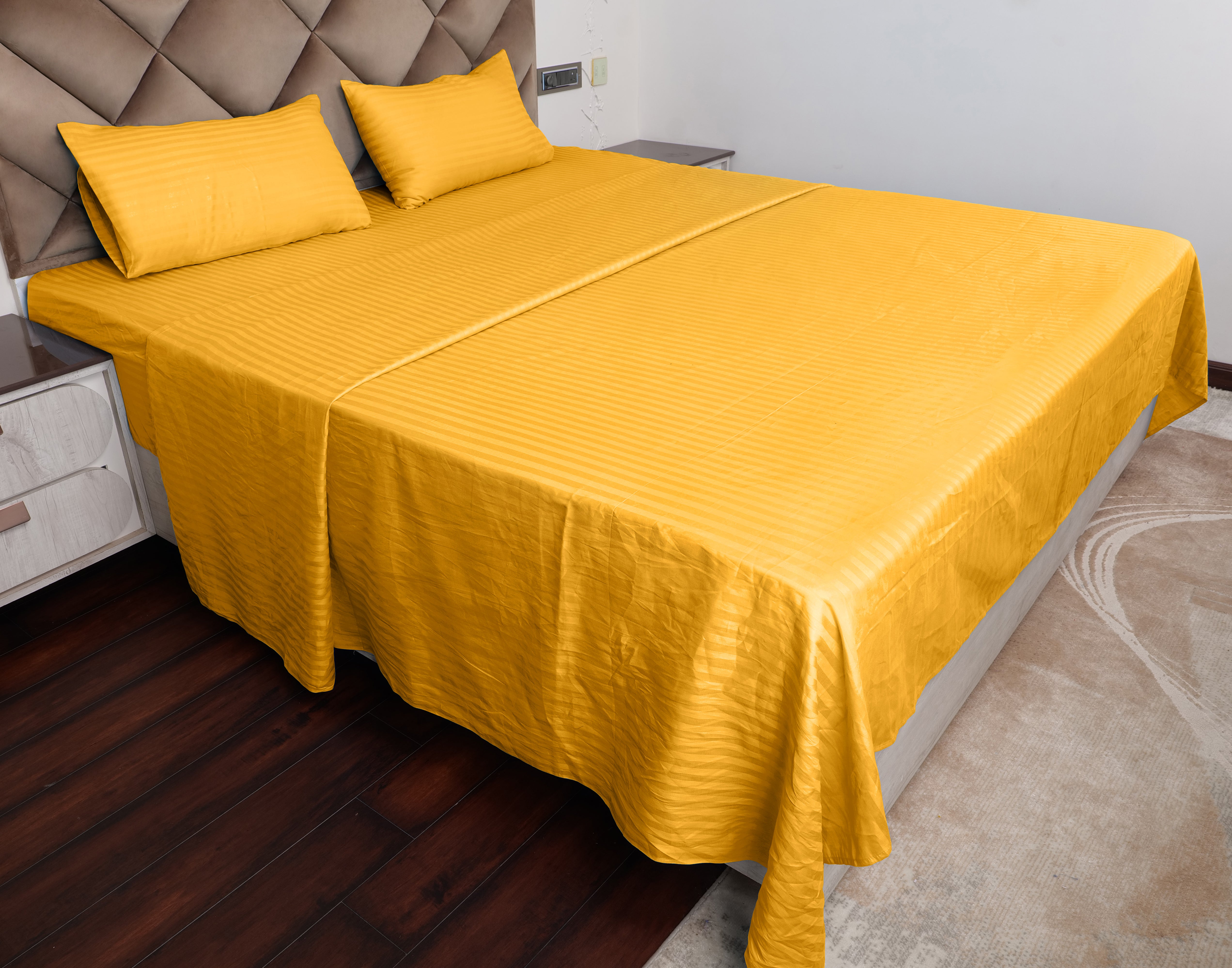 Golden Satin Stripe Glace Cotton Flat Bedsheet with Pillow Cover