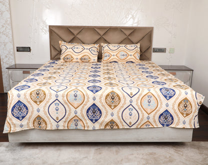 Golden & Blue Polyester Printed Bedsheet with Pillow Cover