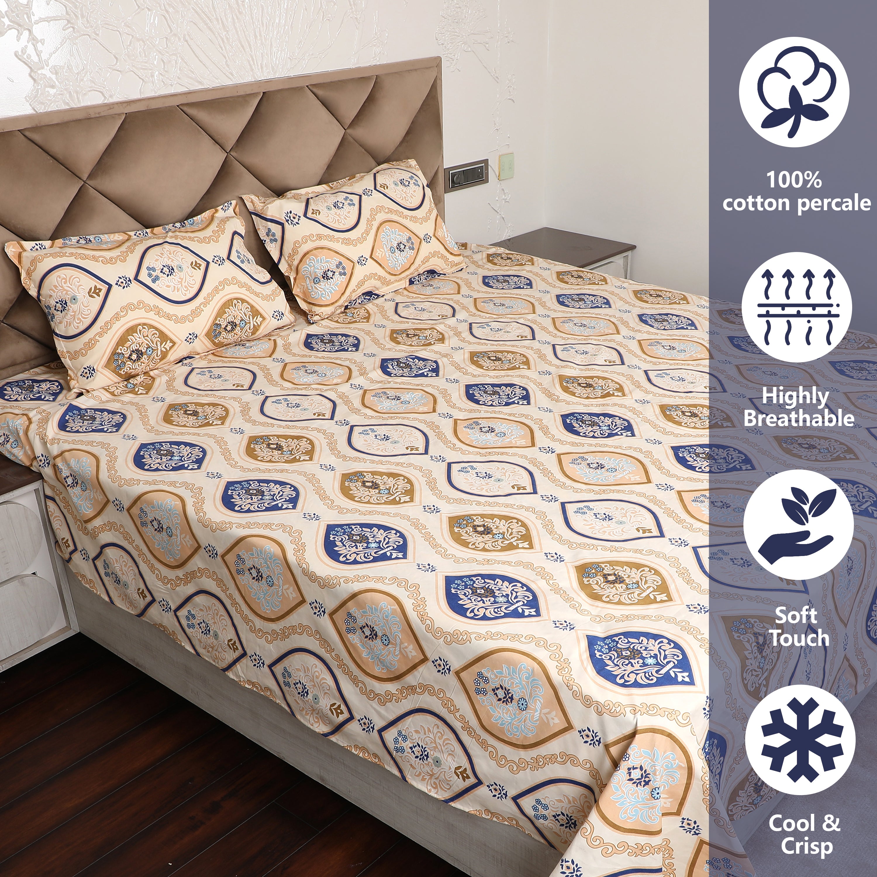 Golden & Blue Polyester Printed Bedsheet with Pillow Cover