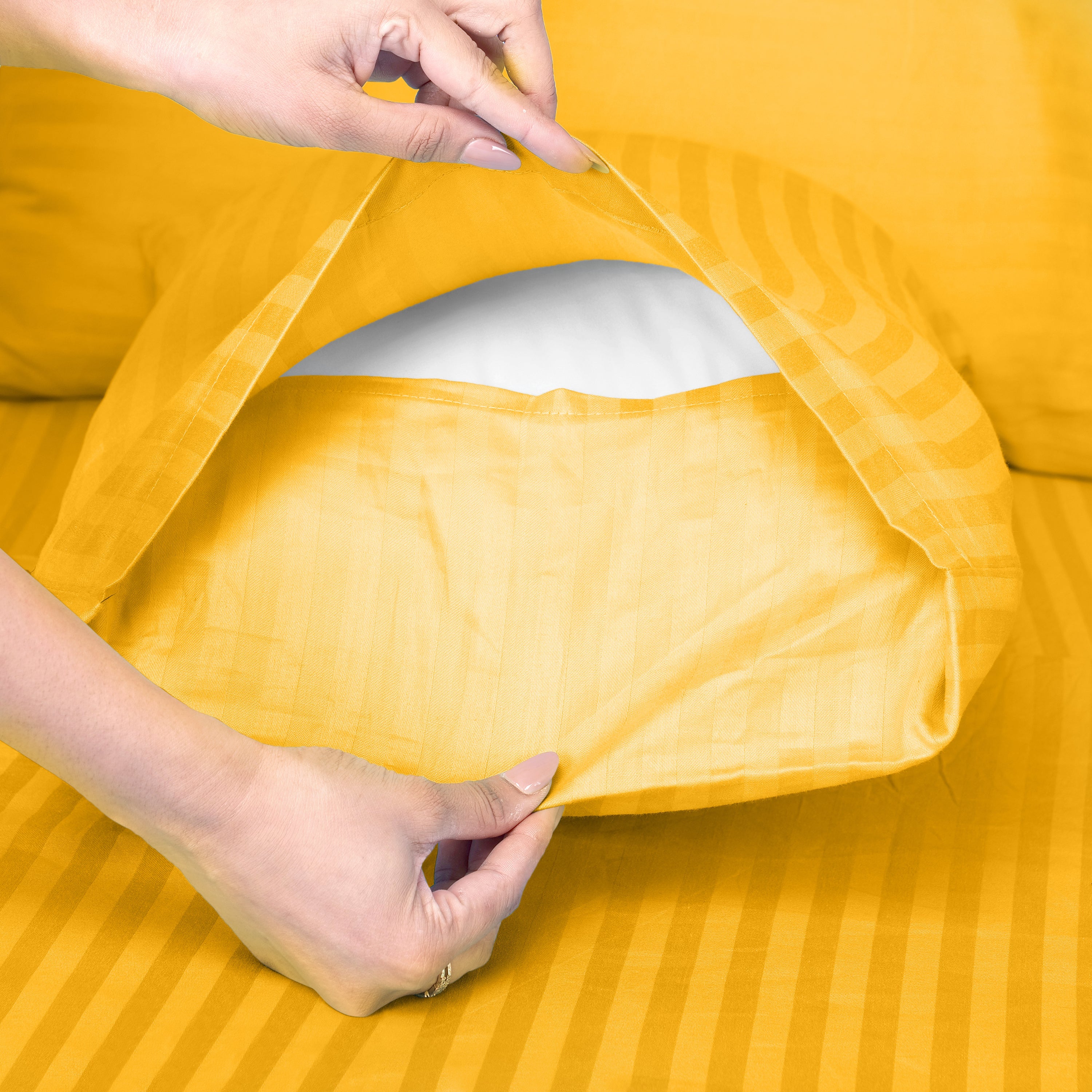 Golden Satin Stripe Fitted Bedsheet with Pillow Cover
