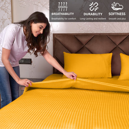 Golden Satin Stripe Fitted Bedsheet with Pillow Cover