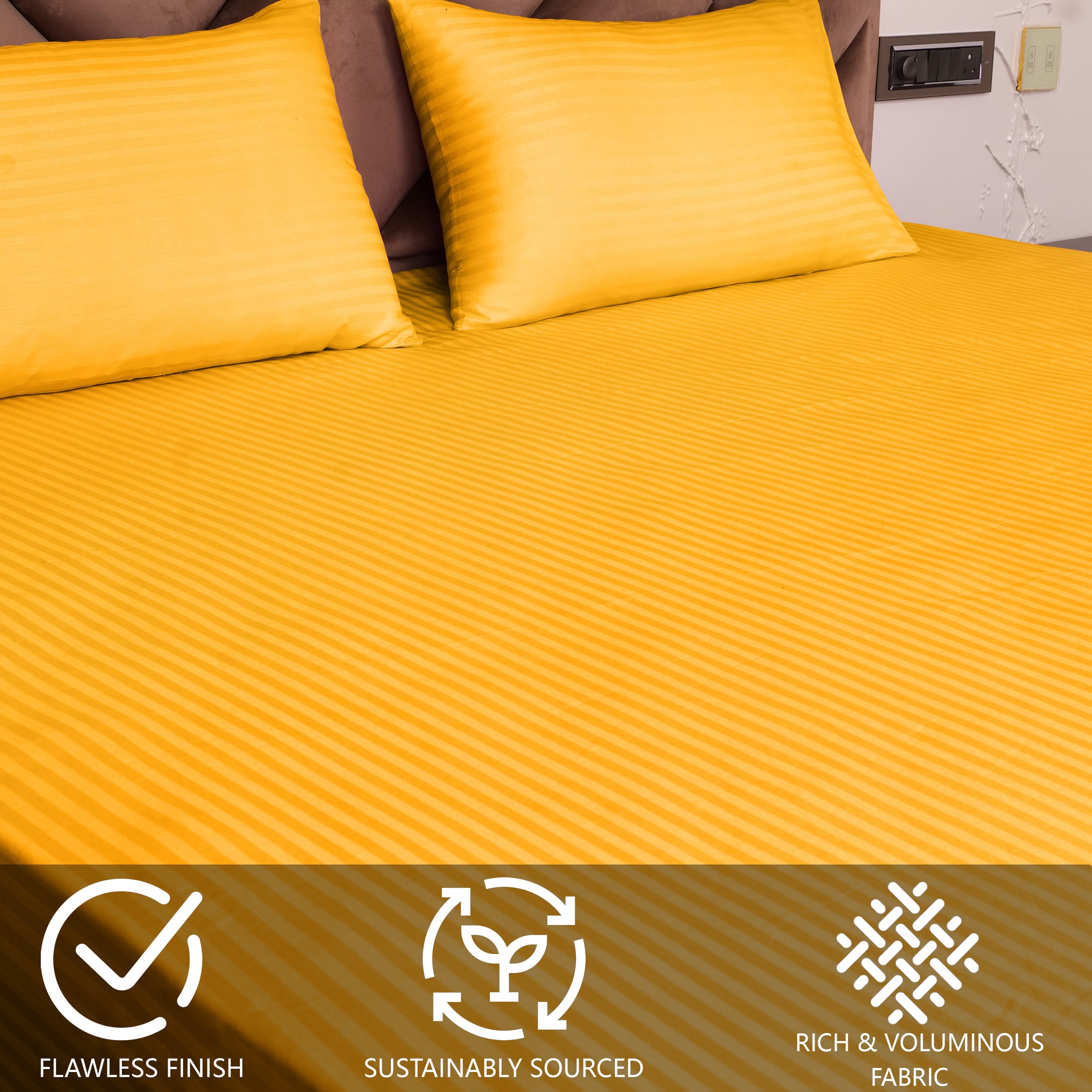 Golden Satin Stripe Fitted Bedsheet with Pillow Cover