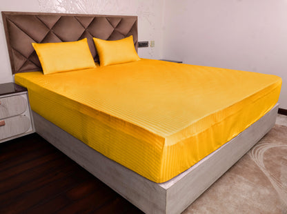 Golden Satin Stripe Fitted Bedsheet with Pillow Cover