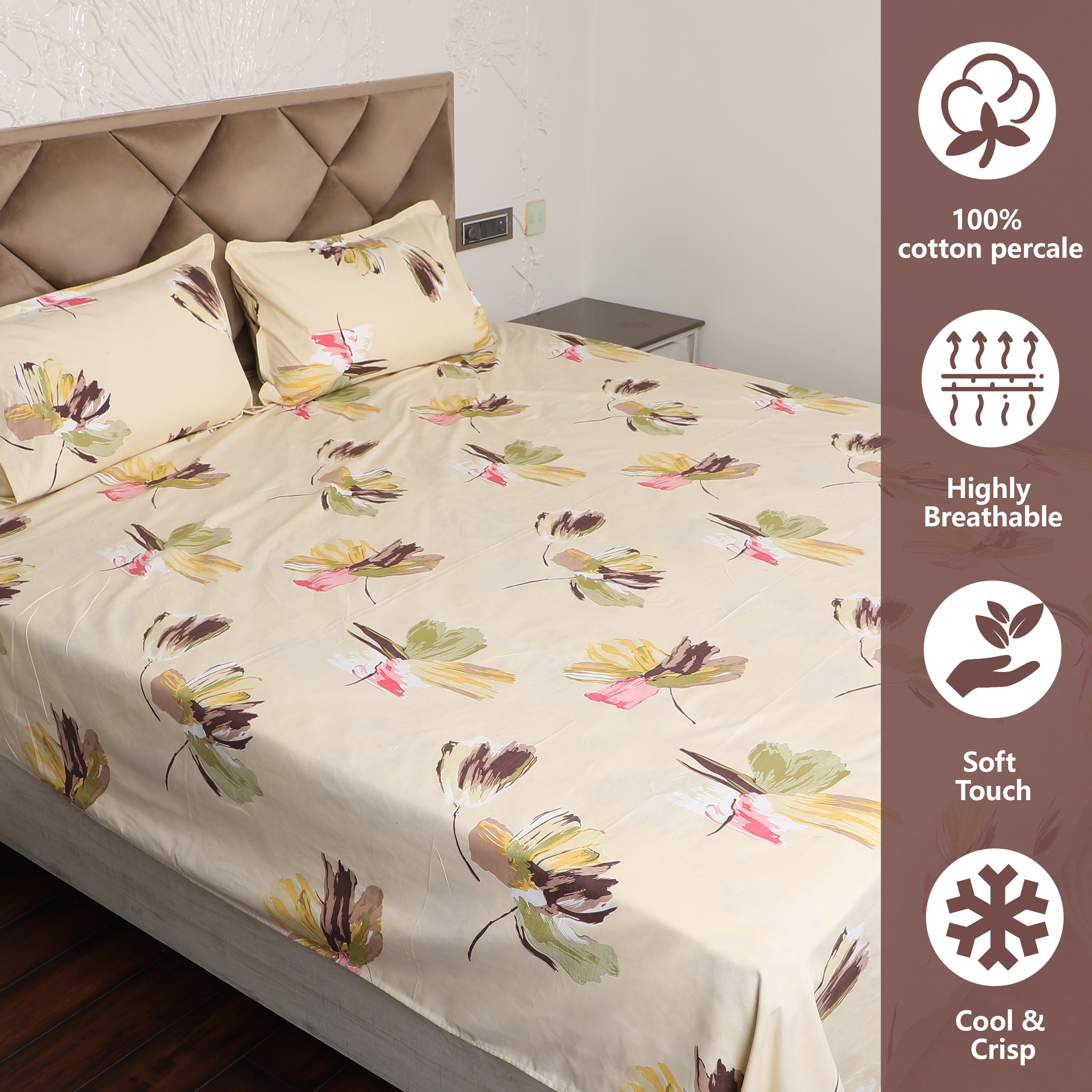 Green & Yellow Polyester Printed Bedsheet with Pillow Cover