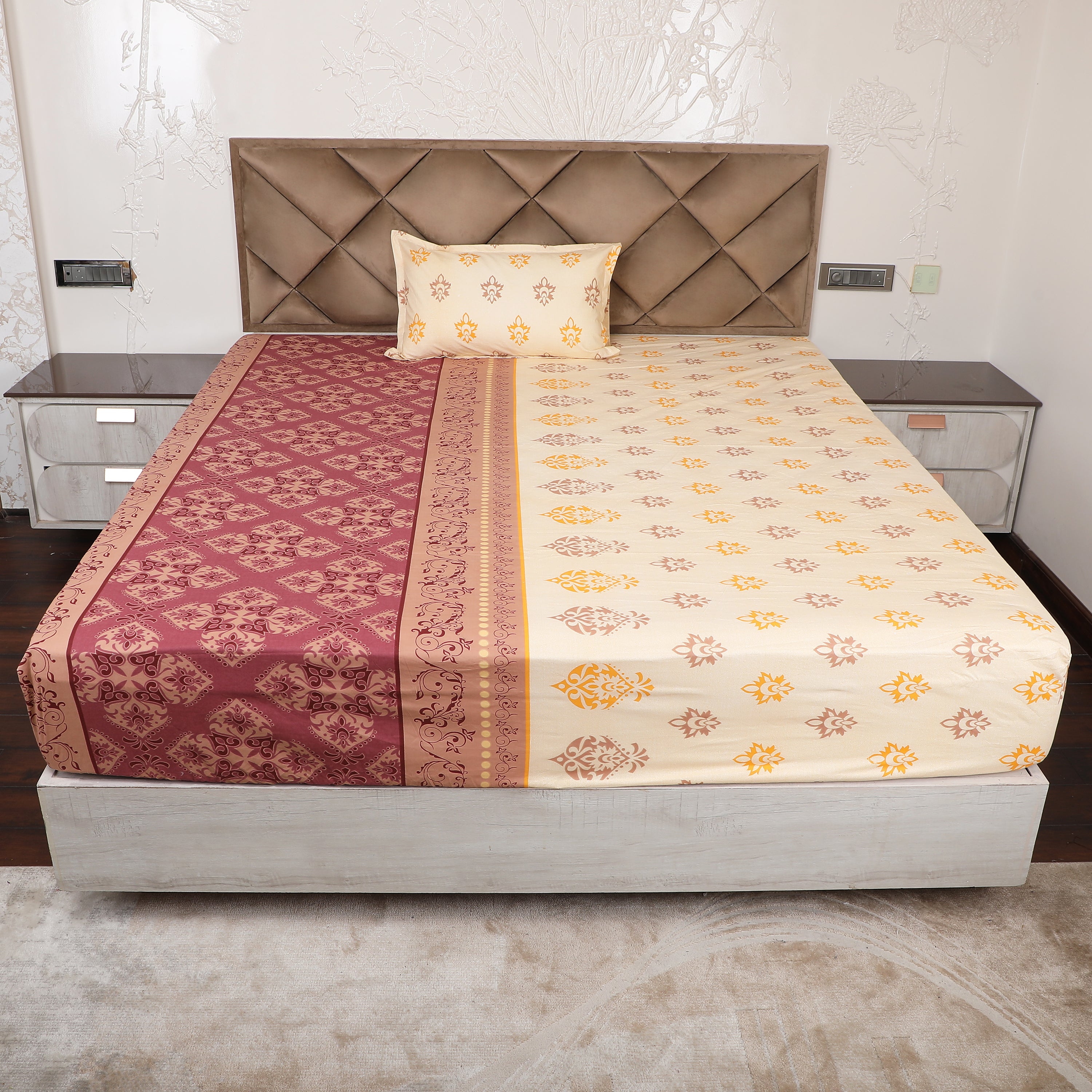 Maroon & Golden Cotton Printed Fitted Bedsheet with Pillow Cover