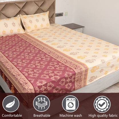 Maroon & Golden Cotton Printed Fitted Bedsheet with Pillow Cover