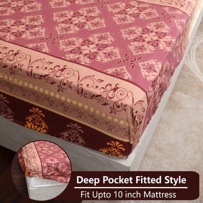 Maroon & Golden Cotton Printed Fitted Bedsheet with Pillow Cover