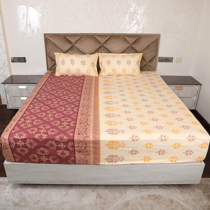 Maroon & Golden Cotton Printed Fitted Bedsheet with Pillow Cover