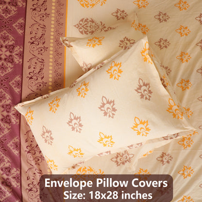 Maroon & Golden Cotton Printed Fitted Bedsheet with Pillow Cover