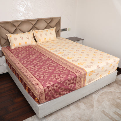 Maroon & Golden Cotton Printed Fitted Bedsheet with Pillow Cover