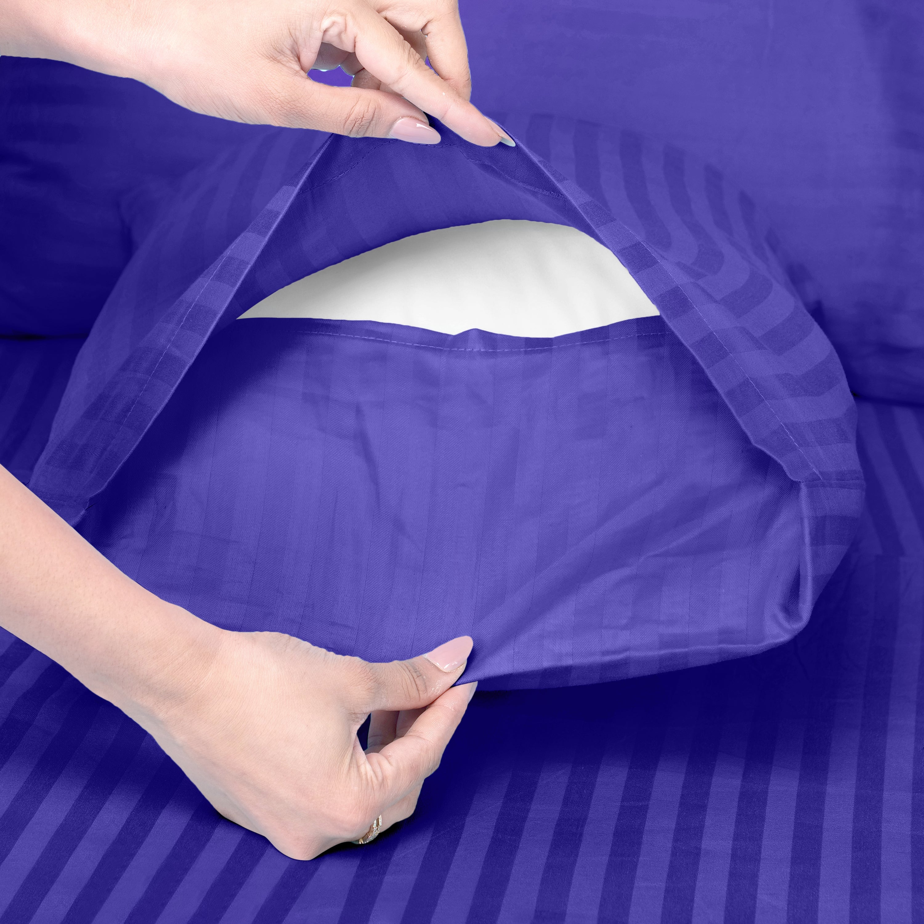 Navy Blue Satin Stripe Fitted Bedsheet with Pillow Cover