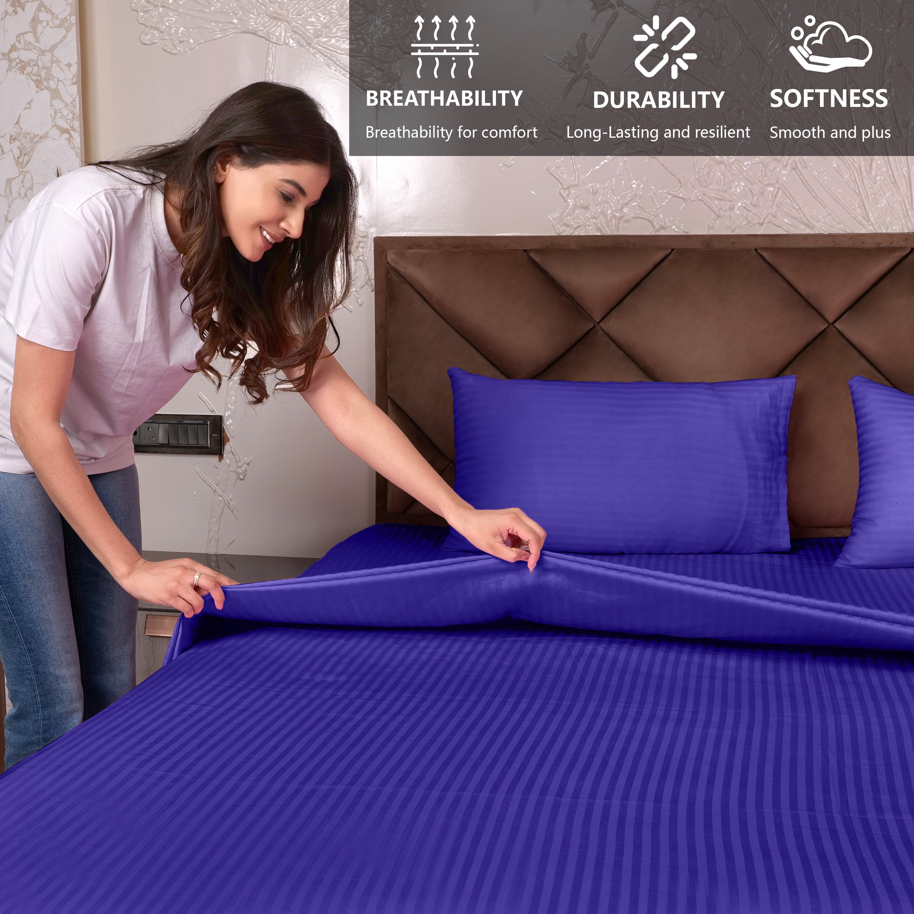 Navy Blue Satin Stripe Fitted Bedsheet with Pillow Cover