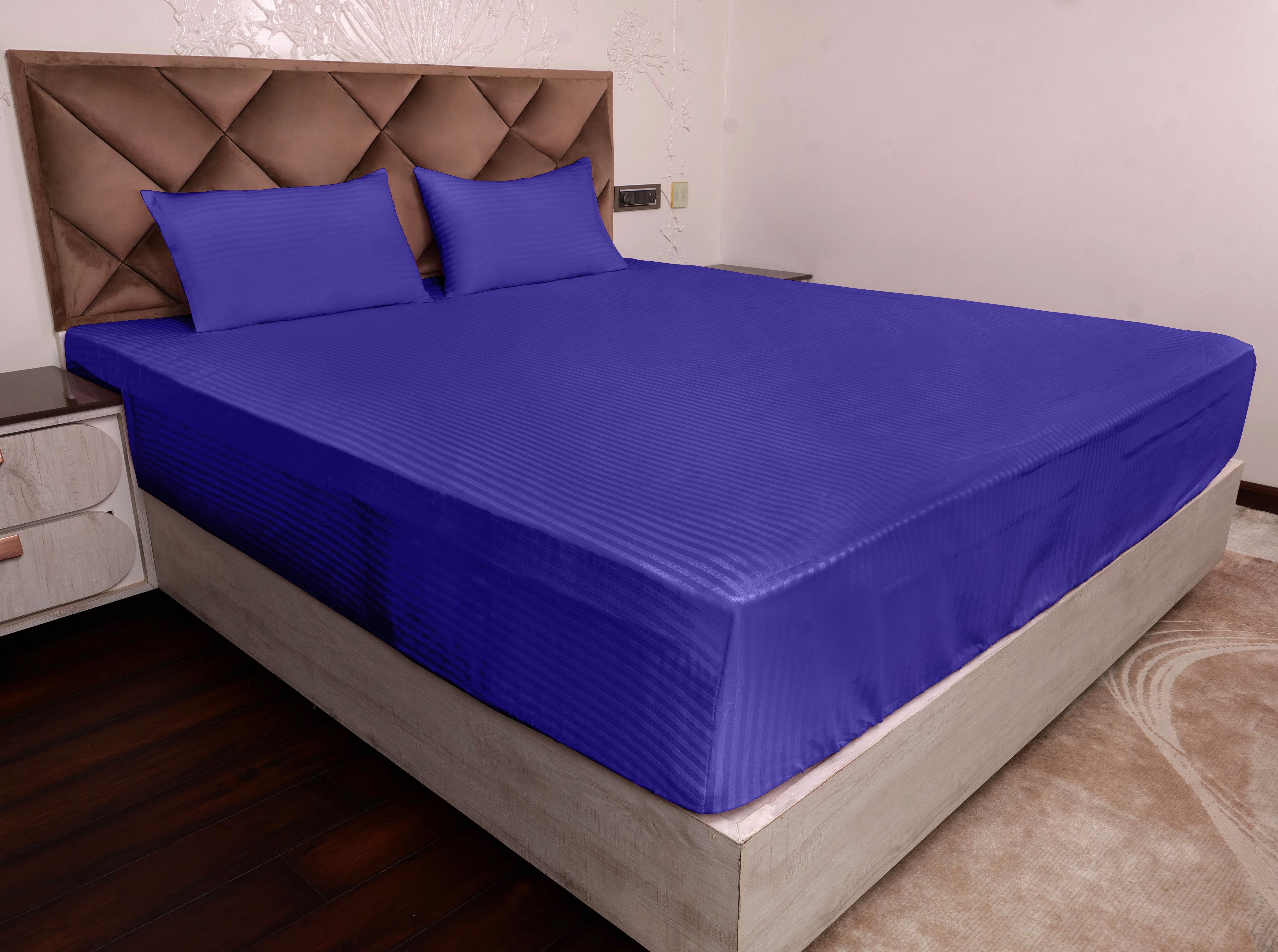 Navy Blue Satin Stripe Fitted Bedsheet with Pillow Cover