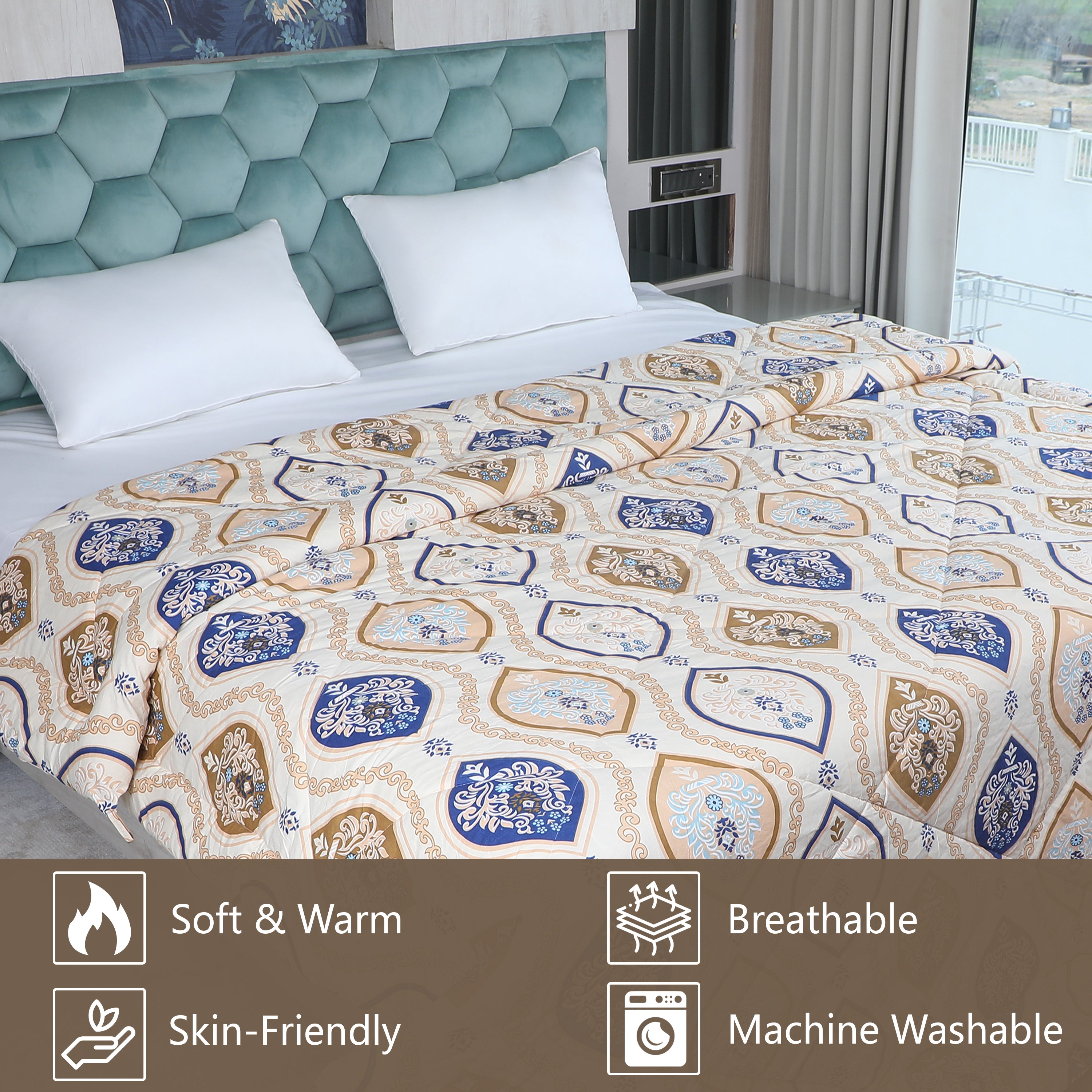 Beige & Blue Printed Comforter