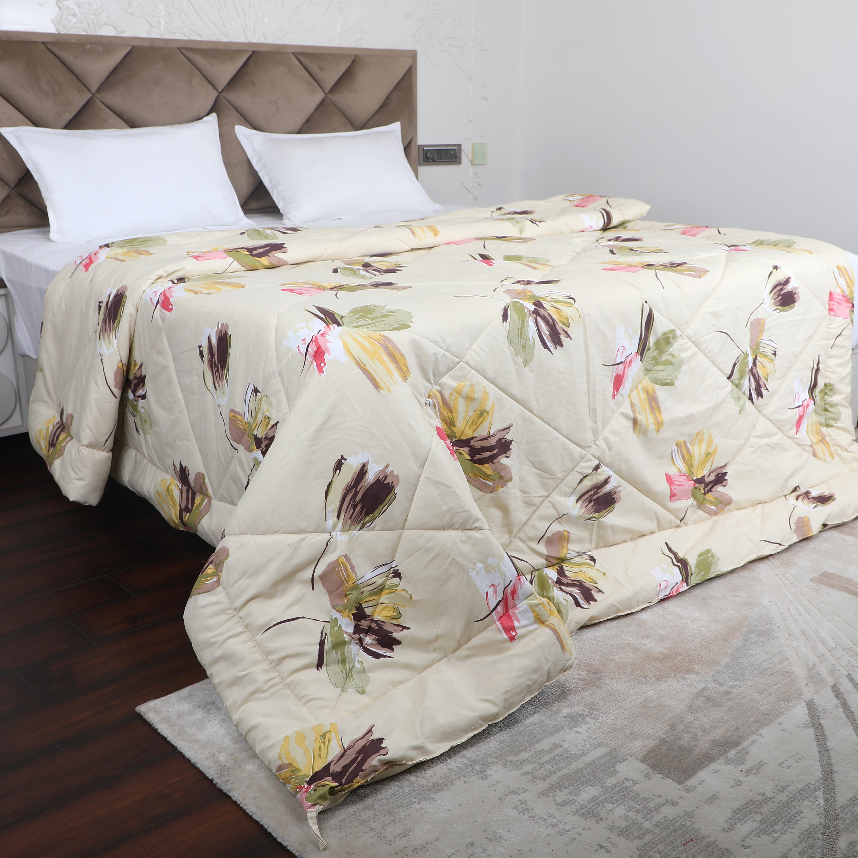 Pink, Green and Light Brown Printed Comforter