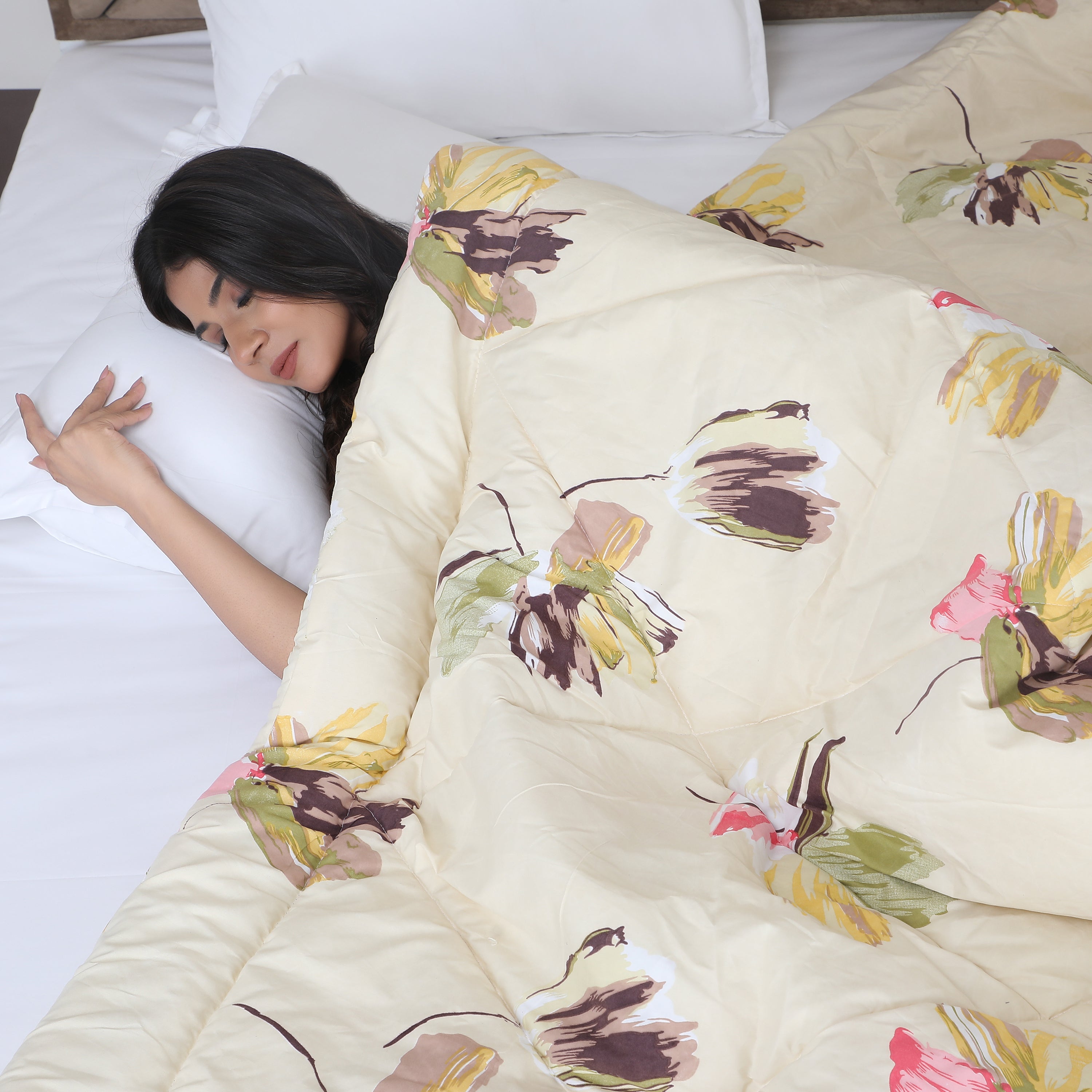 Pink, Green and Light Brown Printed Comforter