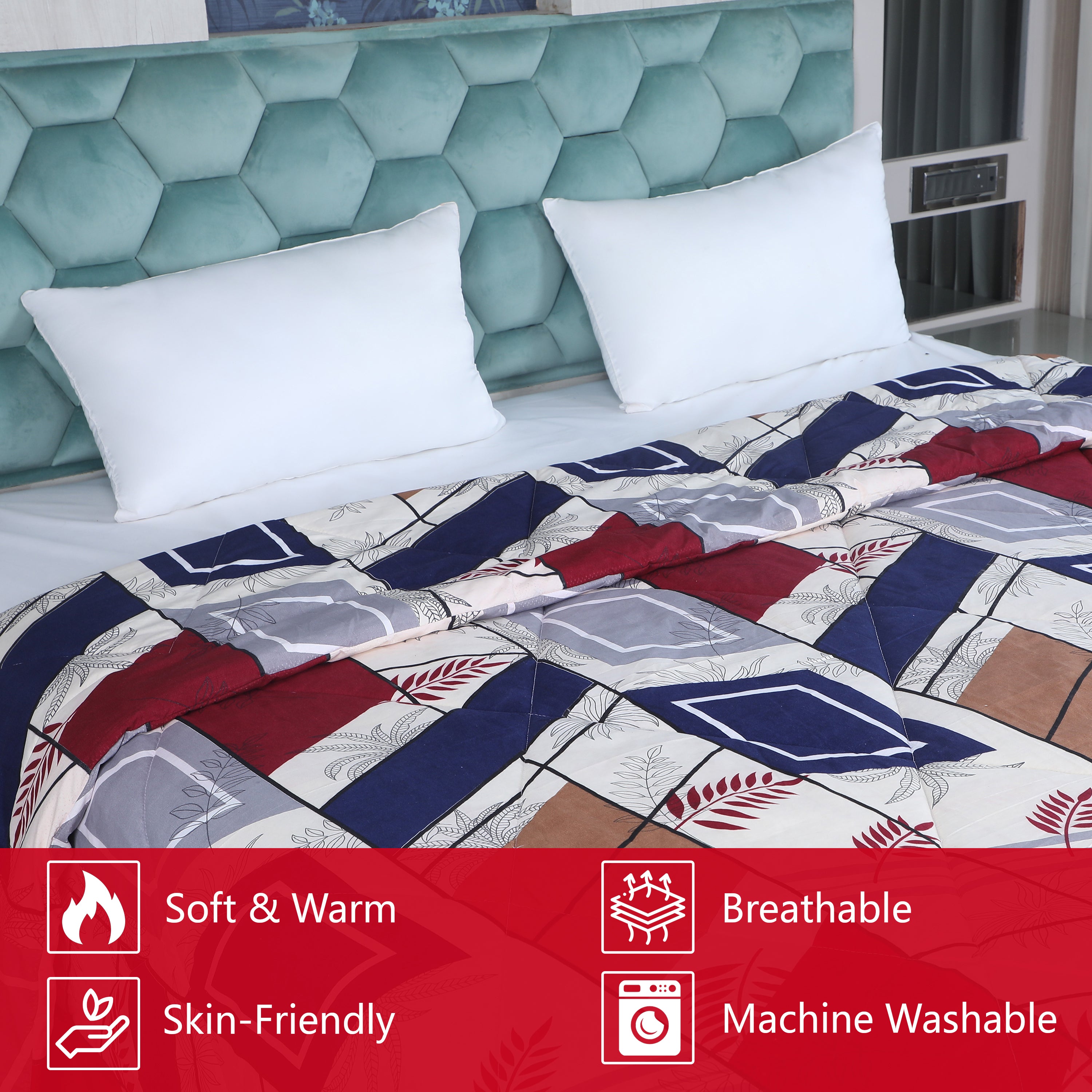 Blue, Red & Brown Printed Comforter