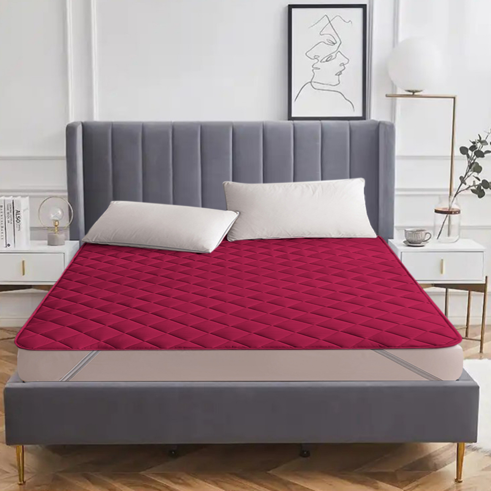 Quilted Maroon Mattress Protector #fitting_corner-elastic-straps