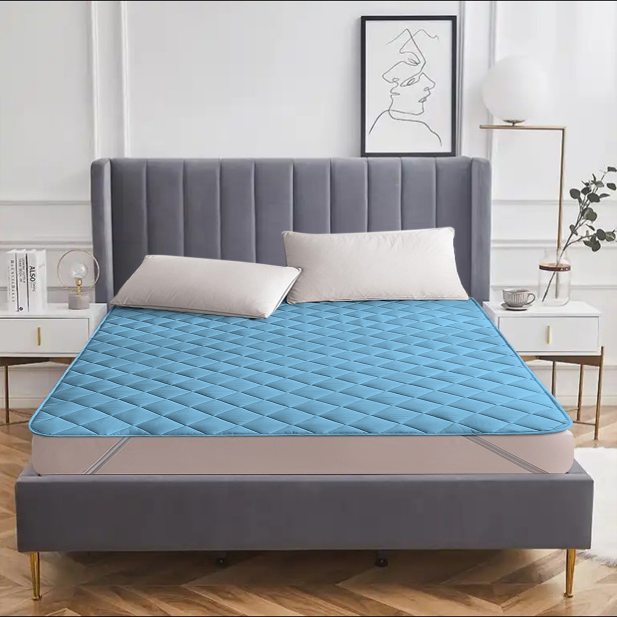 Quilted Sky Blue Mattress Protector #fitting_corner-elastic-straps