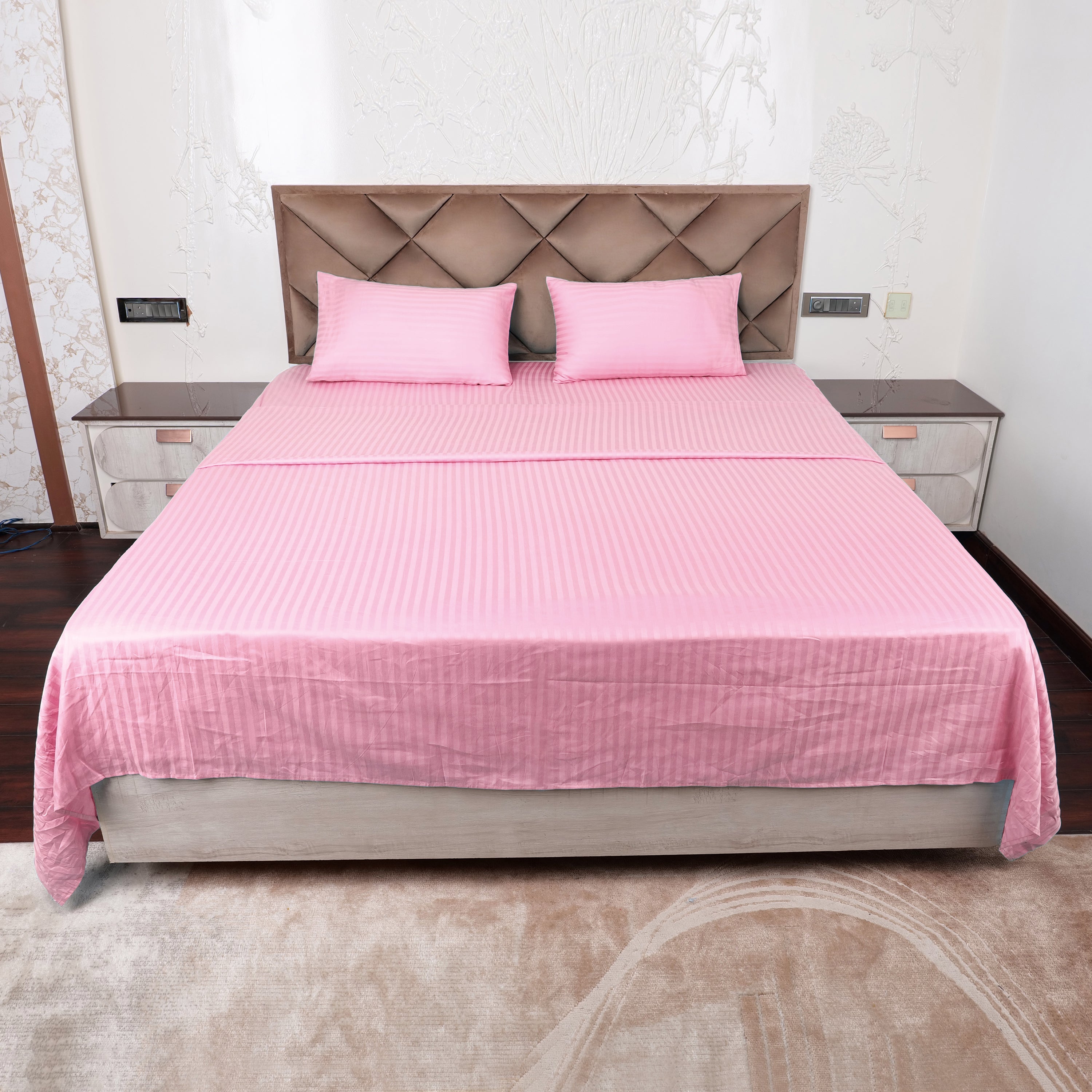 Pink Satin Stripe Glace Cotton Flat Bedsheet with Pillow Cover